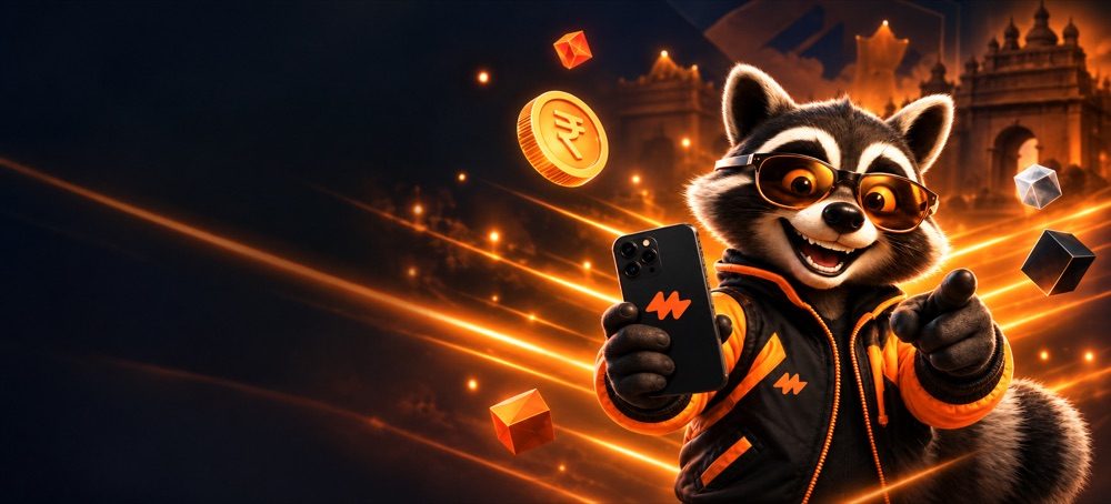 Maanwin raccoon mascot holding a phone